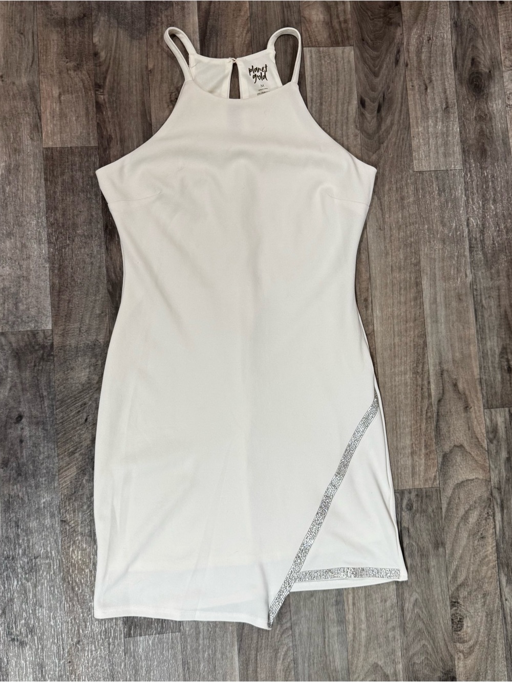 Planet Gold White Rhinestone Mini Dress M Asymmetrical Y2K Party Cocktail